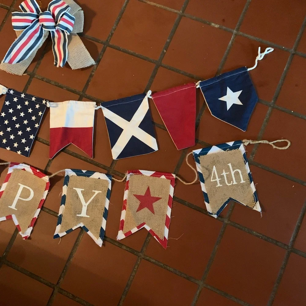 2 Pottery Barn patriotic garlands. JULY 4th and 1 bow. RED, WHITE and BLUE.
